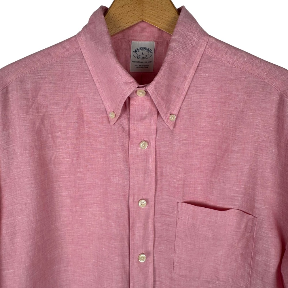 Brooks Brother Irish Linen Polo Shirt Mens L Pink Short Sleeve Button Down